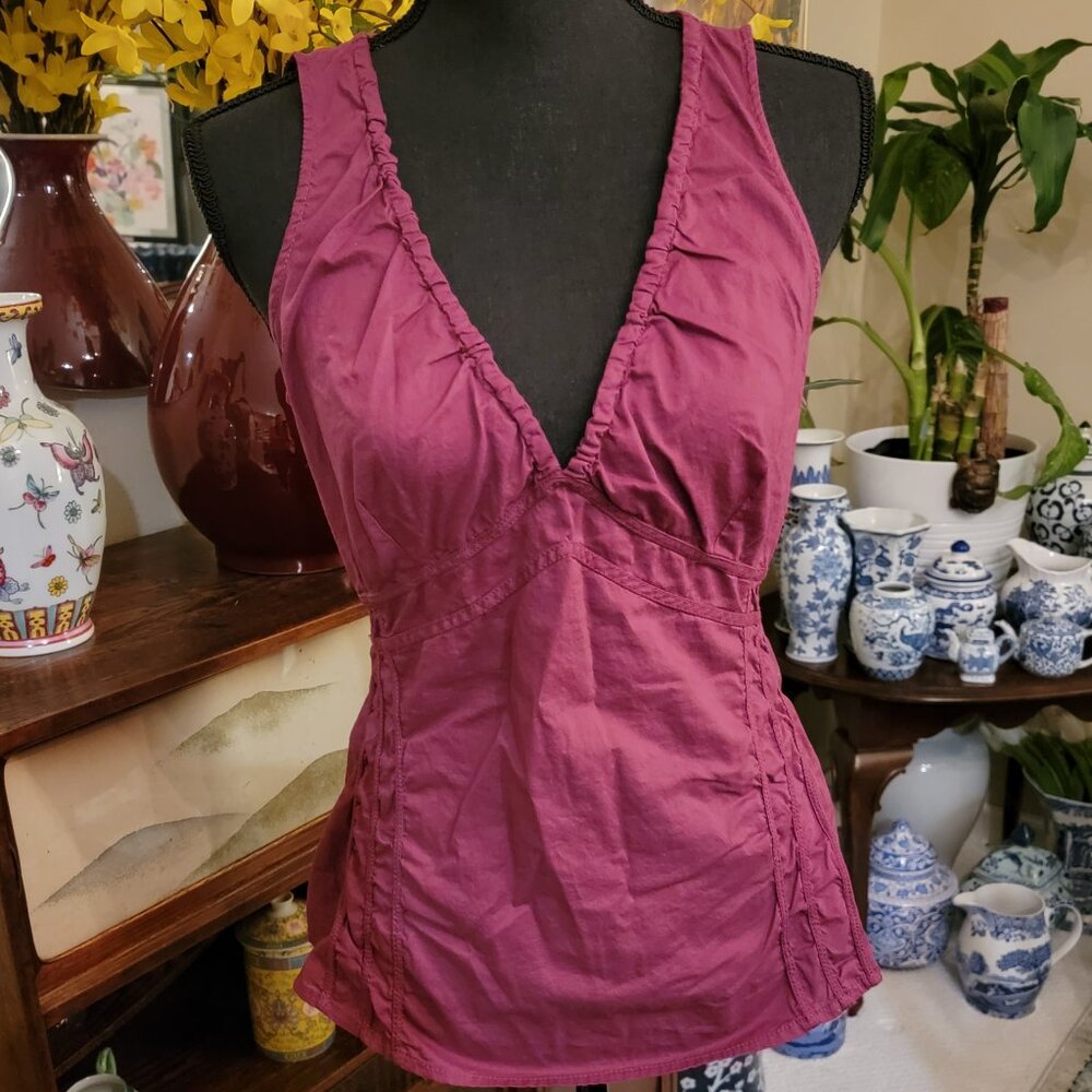 MEXX Maroon 100% Cotton Sleeveless Shirt w/ Tie Neck & Waist 10